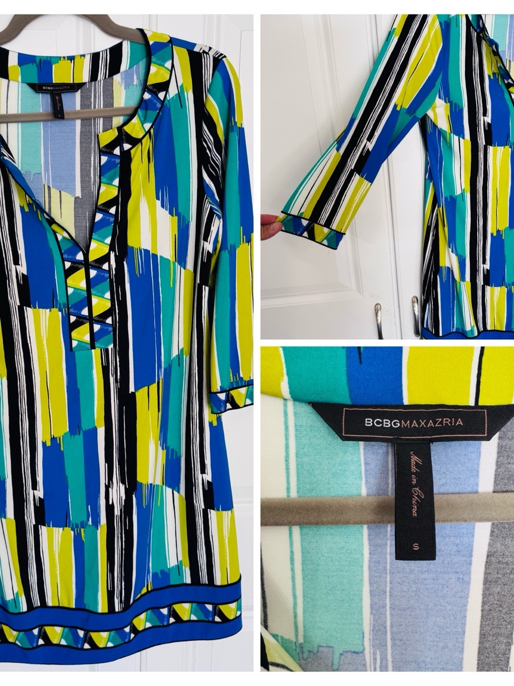 BCBGMaxAzria Multicolor Blue, Teal & Yellow Striped V-Neck Tunic